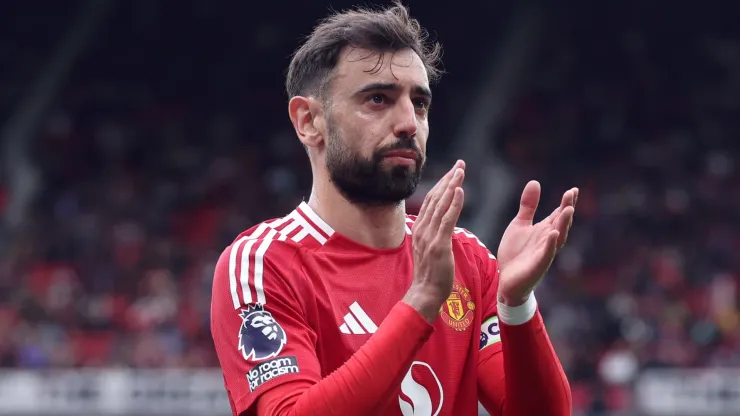 Bruno Fernandes of Manchester United applauds their support during the Premier League match between Manchester United FC and Aston Villa FC at Old Trafford on May 25, 2025 in Manchester, England.