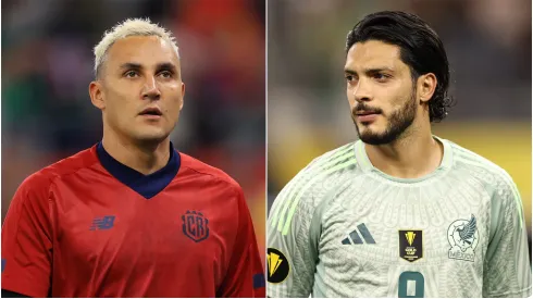 Keylor Navas (L) of Costa Rica and Raul Jimenez (R) #9 of Mexico.