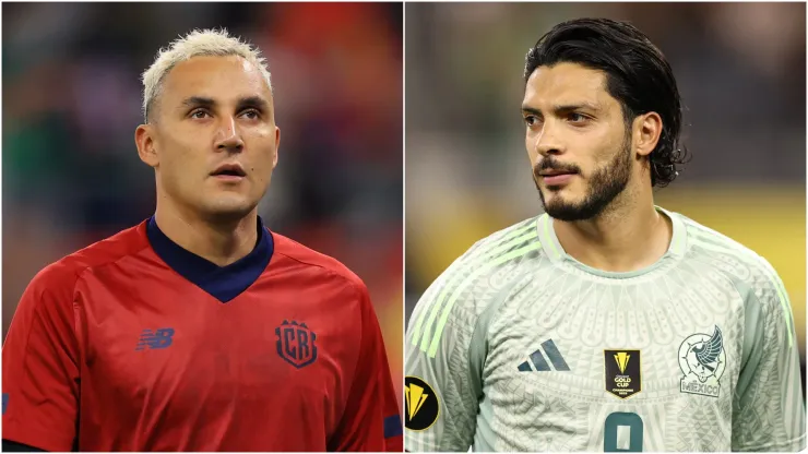 Keylor Navas (L) of Costa Rica and Raul Jimenez (R) #9 of Mexico.