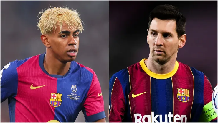 Lamine Yamal (L) and Lionel Messi (R) of FC Barcelona.