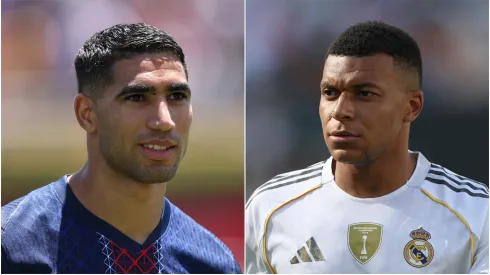 Achraf Hakimi (L) of Paris Saint-Germain and Kylian Mbappe (R) of Real Madrid.