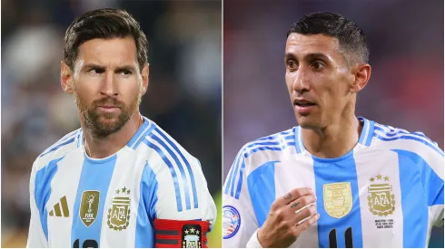 Lionel Messi (L) and Angel Di Maria (R) of Argentina.