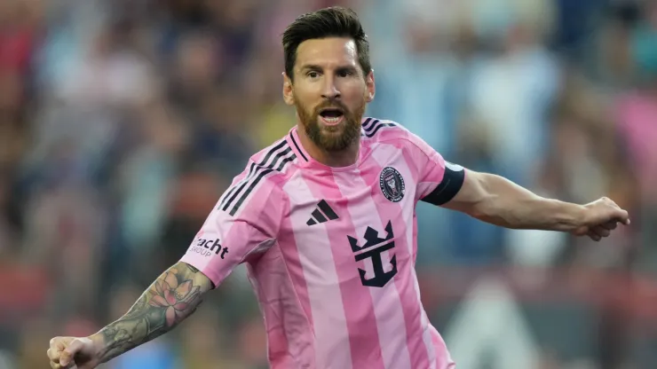 Lionel Messi #10 of Inter Miami CF celebrates after scoring the team's first goal during the MLS match between New England Revolution and Inter Miami CF at Gillette Stadium on July 09, 2025 in Foxborough, Massachusetts.