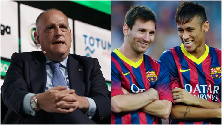 Javier Tebas (left), Neymar and Lionel Messi (right)