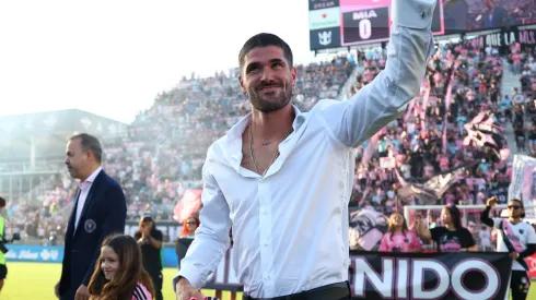 Rodrigo de Paul, Inter Miami CF new signing, waves to fans as he is introduced as a new player prior to the MLS match between Inter Miami CF and FC Cincinnati at Chase Stadium on July 26, 2025 in Fort Lauderdale, Florida.
