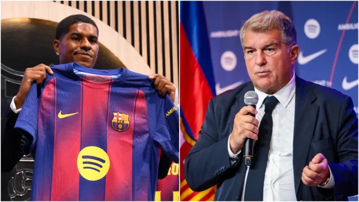 Marcus Rashford (L) and president Joan Laporta (R) of FC Barcelona.