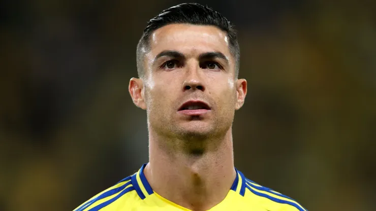 Cristiano Ronaldo of Al Nassr lines up on the pitch ahead of the AFC Champions League Elite match between Al-Nassr and Al Wasl at King Saud University Stadium on February 03, 2025 in Riyadh, Saudi Arabia.