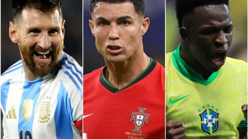 Lionel Messi (left), Cristiano Ronaldo and Vinicius (center), Kylian Mbappe (right)