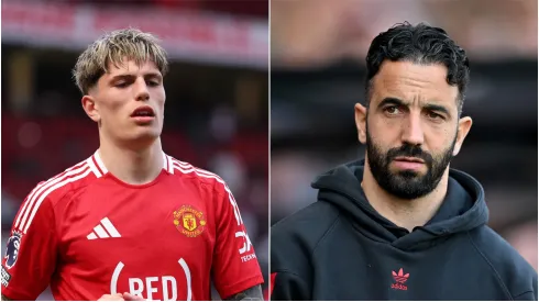 Alejandro Garnacho (L) and coach Ruben Amorim (R) of Manchester United.