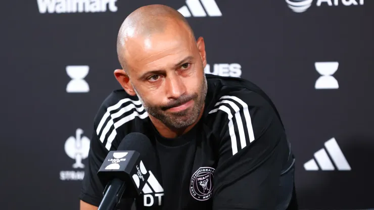 Head coach Javier Mascherano of Inter Miami speaks to the media during an introductory press conference at Chase Stadium on August 01, 2025 in Fort Lauderdale, Florida.