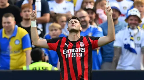 Santiago Gimenez of AC Milan celebrates scoring his team's first goal during the pre-season friendly match between Leeds United and AC Milan.