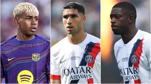 Lamine Yamal (L) of FC Barcelona, and Achraf Hakimi (M) and Ousmane Dembele (R) of Paris Saint-Germain, 2025 Ballon d'or nominees.