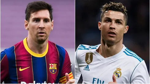 Lionel Messi looks on during the La Liga Santander match between FC Barcelona and RC Celta on May 16, 2021 — Cristiano Ronaldo of Real Madrid CF celebrates scoring their second goal during the La Liga match in 2018.