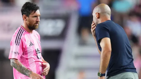 Javier Mascherano, head coach of Inter Miami CF, gives instructions to Lionel Messi #10 during the MLS match between Inter Miami CF and Nashville SC.