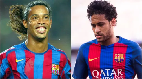 Brazilian stars Ronaldinho and Neymar playing for Barcelona.