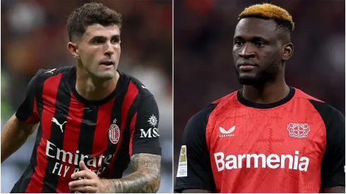 Christian Pulisic (L) of AC Milan and Victor Boniface (R) of Bayer 04 Leverkusen.