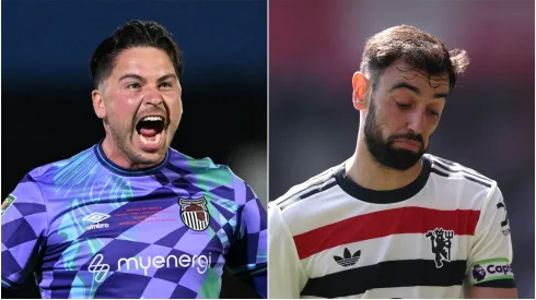 Christy Pym of Grimsby Town and Bruno Fernandes of Manchester United.