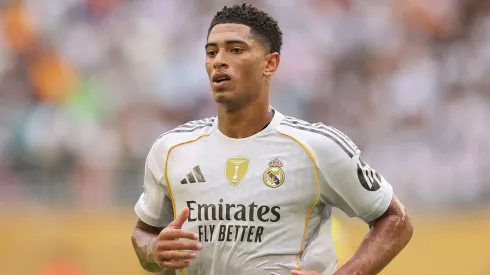 Jude Bellingham #5 of Real Madrid C. F. in action during the FIFA Club World Cup 2025 round of 16 match between Real Madrid CF and Juventus FC at Hard Rock Stadium on July 01, 2025 in Miami Gardens, Florida.