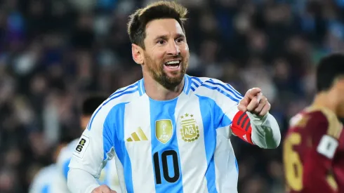 Lionel Messi celebrates after scoring the team's third goal during theFIFA World Cup 2026 Qualifier match between Argentina and Venezuela.