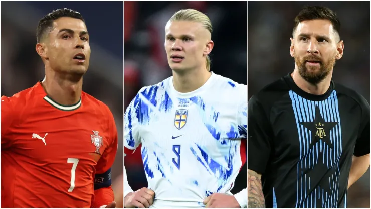 Cristiano Ronaldo (L) of Portugal, Erlling Haaland (M) of Norway, and Lionel Messi (R) pf Argentina.