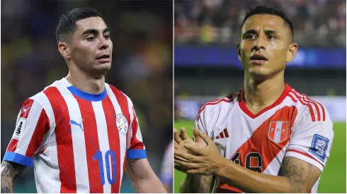 Miguel Almiron (L) of Paraguay and Yoshimar Yotun (R) of Peru.