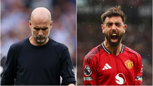 Pep Guardiola, Manager of Manchester City, and Bruno Fernandes, player of Manchester United.