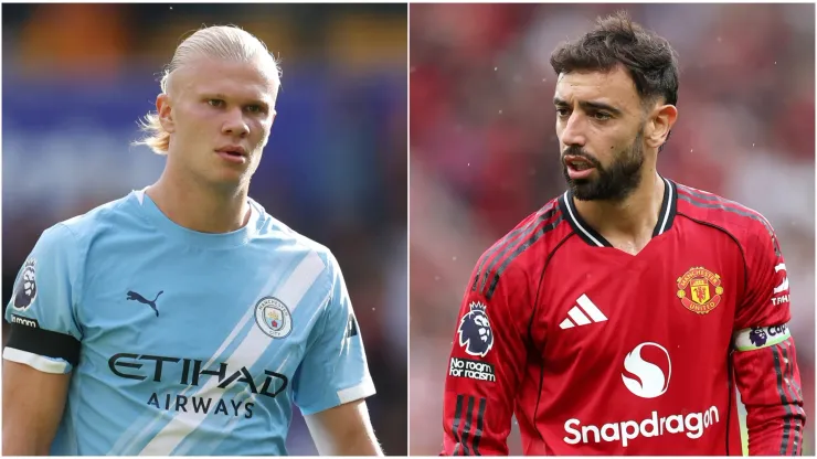 Erling Haland (L) of Manchester City and Bruno Fernandes (R) of Manchester United.