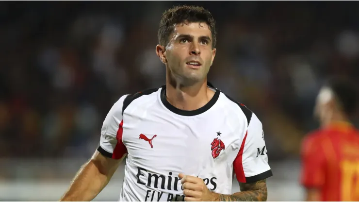 Christian Pulisic of AC Milan celebrates after scoring his team's second goal during the Serie A match between US Lecce and AC Milan at Stadio Via del Mare on August 29, 2025 in Lecce, Italy.
