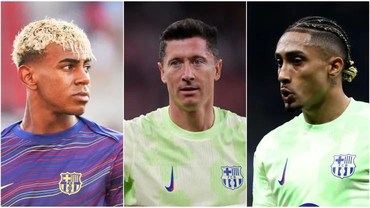 Lamine Yamal (L), Robert Lewandowski (M), and Raphinha (R) of FC Barcelona.