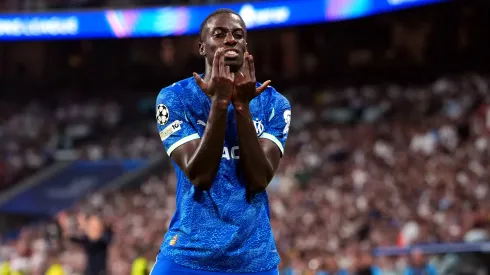 Timothy Weah celebrates scoring his team's first goal during the UEFA Champions League match between Real Madrid C.F. and Olympique de Marseille.