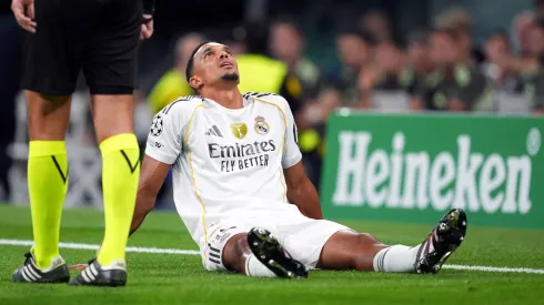 Trent Alexander-Arnold of Real Madrid reacts after picking up an injury during the UEFA Champions League 2025/26 League Phase MD1 match between Real Madrid C.F. and Olympique de Marseille.