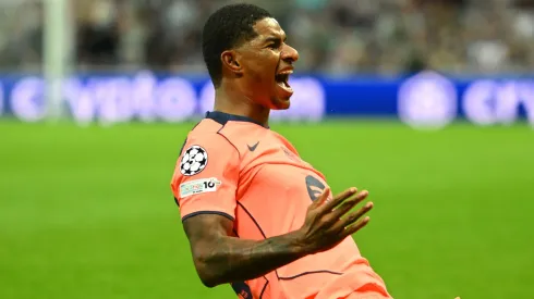 Marcus Rashford celebrates scoring his team's first goal during the UEFA Champions League 2025/26 match vs Newcastle United FC.