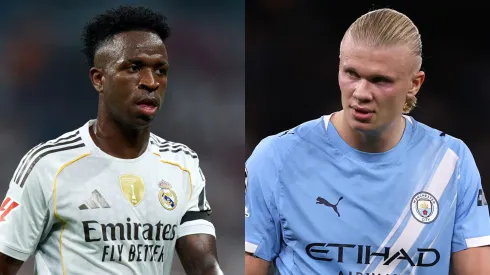 Vinicius Junior (L) of Real Madrid and Erling Haaland (R) of Manchester City.