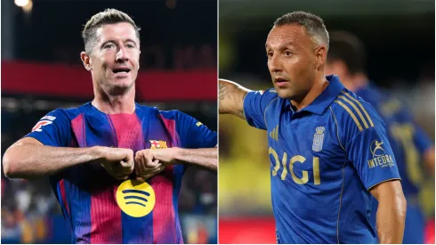 Barcelona's Robert Lewandowski and Real Oviedo's Santi Cazorla.