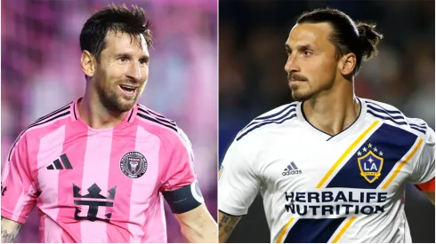 Lionel Messi (L) #10 of Inter Miami CF and Zlatan Ibrahimovic (R) #9 of Los Angeles Galaxy.