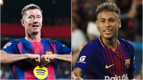 Robert Lewandowski (L) and Neymar (R) #11 of FC Barcelona.