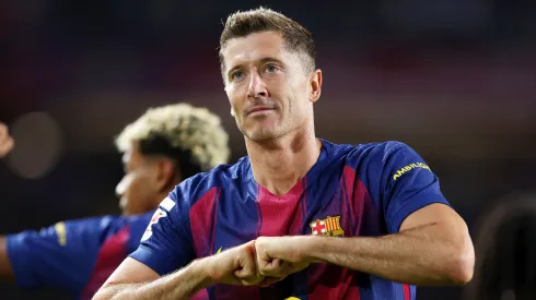 Robert Lewandowski of FC Barcelona celebrates scoring his team's second goal during the LaLiga EA Sports match between FC Barcelona and Real Sociedad at Estadi Olimpic Lluis Companys on September 28, 2025 in Barcelona, Spain.