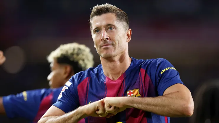 Robert Lewandowski of FC Barcelona celebrates scoring his team's second goal during the LaLiga EA Sports match between FC Barcelona and Real Sociedad at Estadi Olimpic Lluis Companys on September 28, 2025 in Barcelona, Spain.