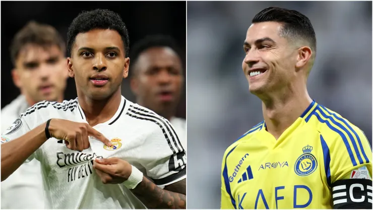 Rodrygo (L) of Real Madrid and Cristiano Ronaldo (R) of Al Nassr.