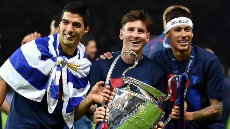Luis Suarez (left), Lionel Messi (center0, and Neymar (right)