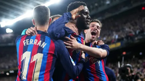 Franck Kessie of FC Barcelona celebrates after scoring the team's second goal.