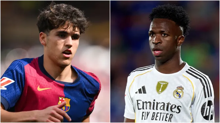 Pau Cubarsí (L) of FC Barcelona and Vinicius Junior (R) of Real Madrid.