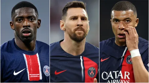Ousmane Dembele (left), Lionel Messi (center), and Kylian Mbappe (right)