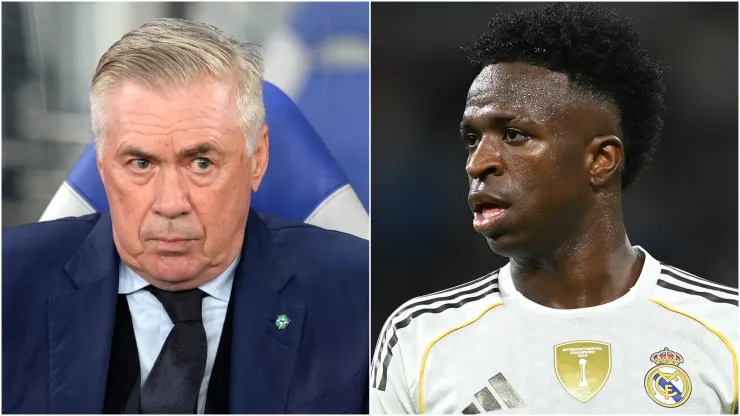Head coach Carlo Ancelotti (L) of Brazil and Vinicius Junior (R) of Real Madrid.