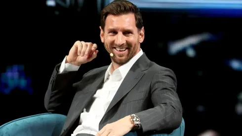 Lionel Messi speaks onstage during day 1 of the America Business Forum.