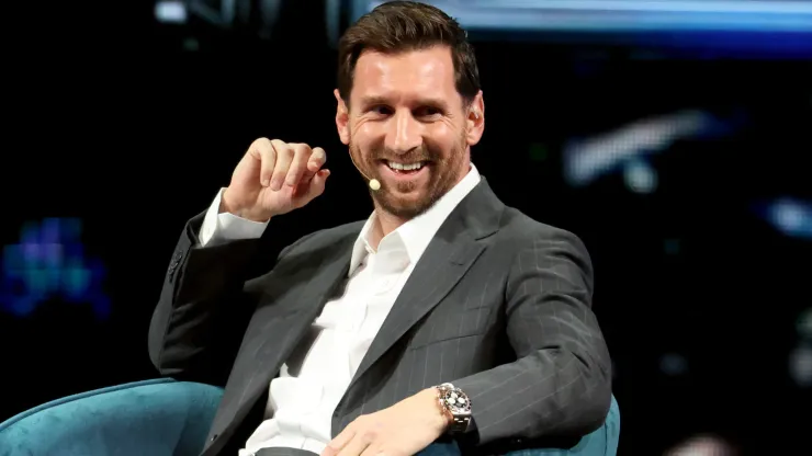 Lionel Messi speaks onstage during day 1 of the America Business Forum.