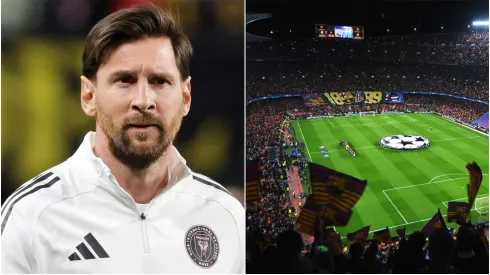 Lionel Messi (left) and Barcelona fans (right)