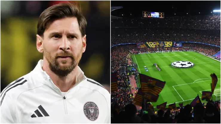 Lionel Messi (left) and Barcelona fans (right)