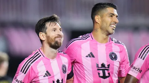 Lionel Messi of Inter Miami CF celebrates after scoring with teammate Luis Suárez