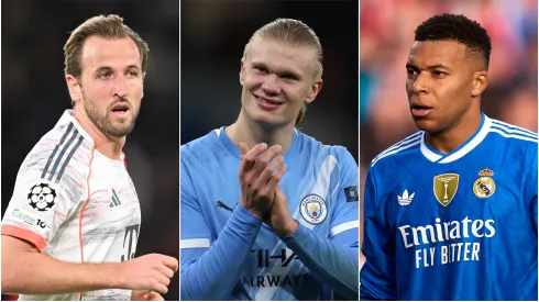 Harry Kane (L) of FC Bayern Munich, Erling Haaland (M) of Manchester City, and Kylian Mbappe (R) of Real Madrid.